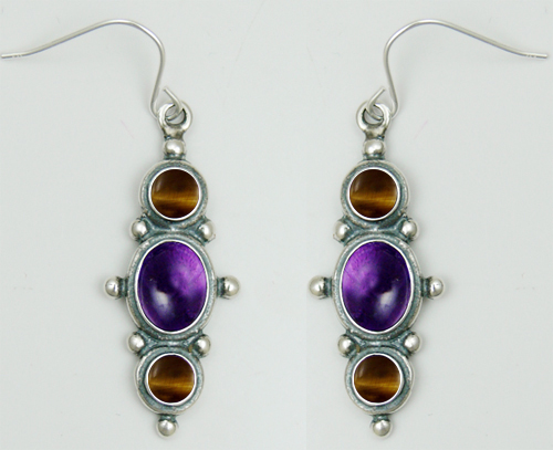 Sterling Silver Drop Dangle Earrings With Amethyst And Tiger Eye